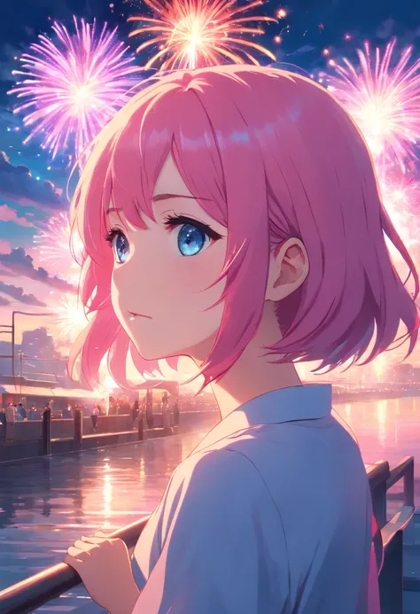 masterpiece, best quality, movie still, blue eyes, pink hair and blue, 1gir Watching fireworks on the river while crying, ultra realistic lighting , cloud girl, floating in the sky, close-up, bright, happy, warm soft lighting, sunset, (sparks:0.7)