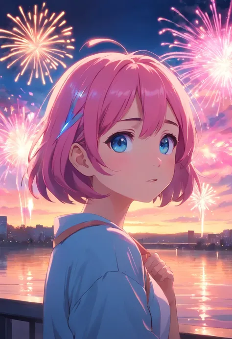 masterpiece, best quality, movie still, blue eyes, pink hair and blue, 1gir Watching fireworks on the river while crying, ultra realistic lighting , cloud girl, floating in the sky, close-up, bright, happy, warm soft lighting, sunset, (sparks:0.7)