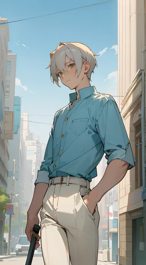 (masterpiece, best quality) detailed, 1Character , blue archive art style ,  pastel washed out colors , cell shade , soft, muted shades ,gentle colors ,
Sunny day , in a big city , walking past reflection, wearing a tan shirt, cap sleeves, white pants , tu...