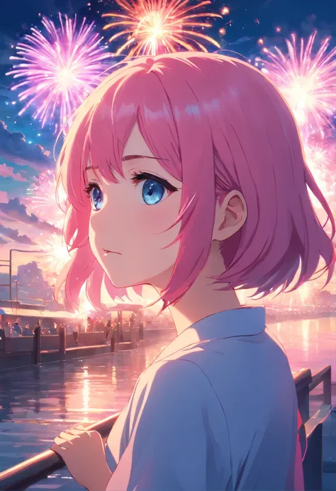 masterpiece, best quality, movie still, blue eyes, pink hair and blue, 1gir Watching fireworks on the river while crying, ultra realistic lighting , cloud girl, floating in the sky, close-up, bright, happy, warm soft lighting, sunset, (sparks:0.7)