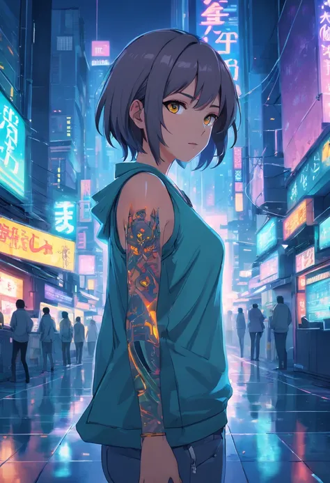 anime girl with tattoos and glowing eyes, in the style of robotic expressionism, dark gray, cyberpunk manga, 8k resolution, body extensions, computer code in background, Matrix, neo-mosaic, ferrania, high quality, p30