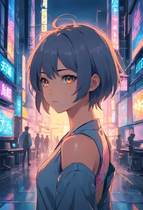 anime girl with tattoos and glowing eyes, in the style of robotic expressionism, dark gray, cyberpunk manga, 8k resolution, body extensions, computer code in background, Matrix, neo-mosaic, ferrania, high quality, p30