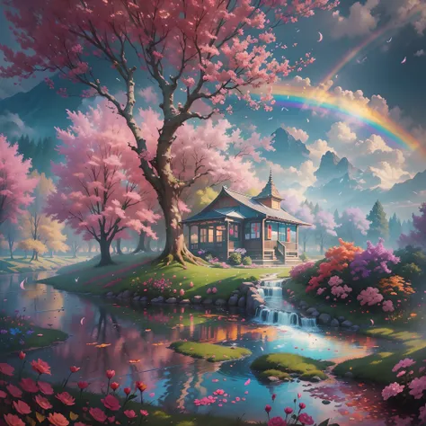 Rose garden,(rainbow in the sky)，the space，(depth of fields)，Light，Mist，log cabin,the cherry trees，Reallightandshadow，painting-like,Ethereal atmosphere,Vibrant colors,cinematic compositions，dream magical，hoang lap，Particle effect，diffused reflections，(mont...