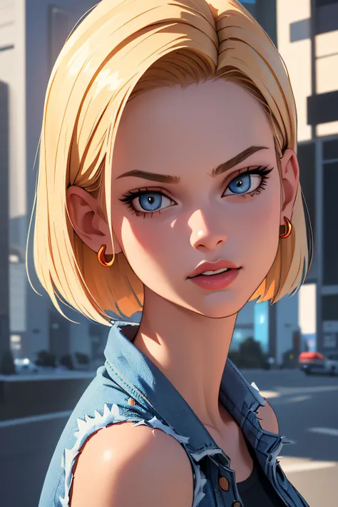 (best quality, masterpiece:1.2), 1girl, beautiful face, beautiful body, android18, earrings, denim, belt, vibrant colors, realistic lighting, detailed shading, professional portrait, dynamic pose, urban background