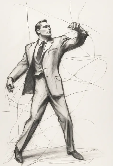 Rough charcoal sketch on old paper, muscular Male in suit figure, suit, a puppet, a man is controlling a puppet through strings, dynamic pose,clean line art,+expressive line,in the style of expressive sketch drawing, hatching, black and white sketch, hand ...