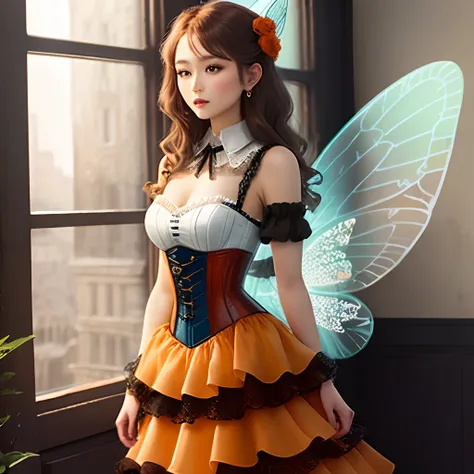 Fashion fairy orange tulle skirt and red layered
Brown corset and hint of blue