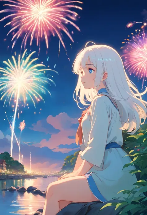 a girls Watching fireworks on the river bank, white-haired albino, sparkling blue eyes , in the style of tranquil gardenscapes, colorful animation stills, masami teraoka, aquamarine, paul gauguin, Embry style, honest portrayal