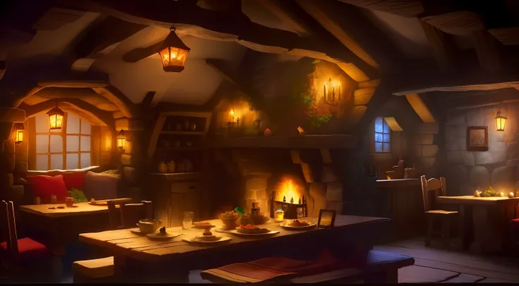 a close up of a table with a lot of food on it, a multidimensional cozy tavern, dimly-lit cozy tavern, dimly lit cozy tavern, in fantasy tavern near fireplace, medieval tavern, fantasy tavern background, cosy enchanted scene, in his hobbit home, tavern bac...