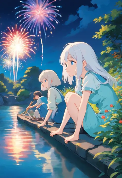 a girls Watching fireworks on the river bank, white-haired albino, sparkling blue eyes , in the style of tranquil gardenscapes, colorful animation stills, masami teraoka, aquamarine, paul gauguin, Embry style, honest portrayal