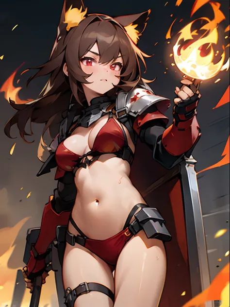 1 girl, brown hair, glowing red eyes, closeup, cat ears, tactical, bikini armor, knight, fury, flames