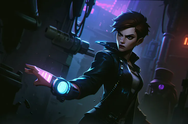 best quality, woman, dark clothes, short hair, brown hair, brave, tomboy, pixie hair, detailed, punk, jacket, zaun wallpaper, splash, cyberpunk market background, arcane background, action pose