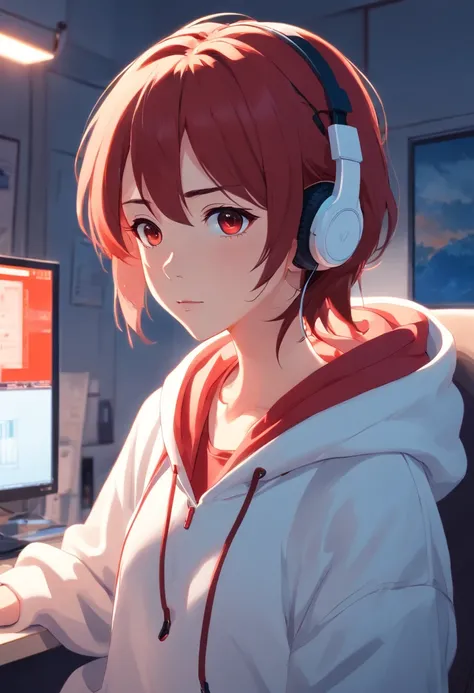 Beautiful and delicate eyes of red color　White hoodie　Wearing headphones in the room