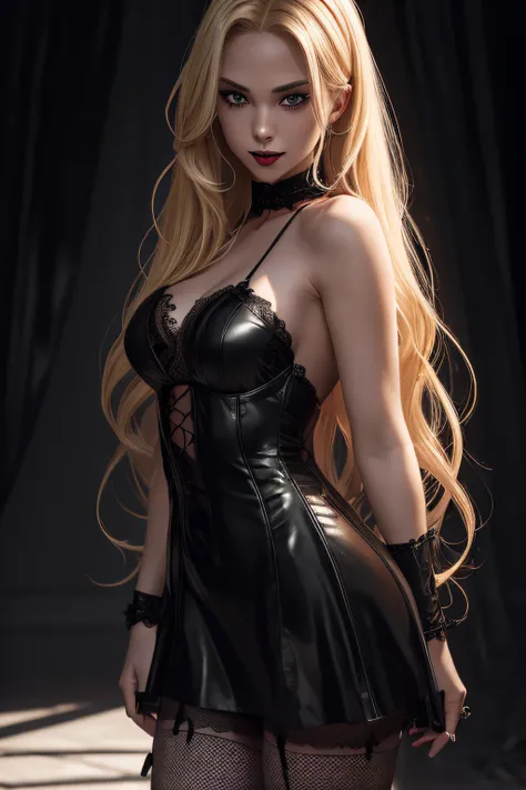 Photorealistic portrait of a vampire girl, she has long blonde hair, the girl is standing in full growth in the dark, she is wearing a black short dress with a deep neckline, black fishnet stockings, black high heels, detailed face, dark makeup, seductive ...