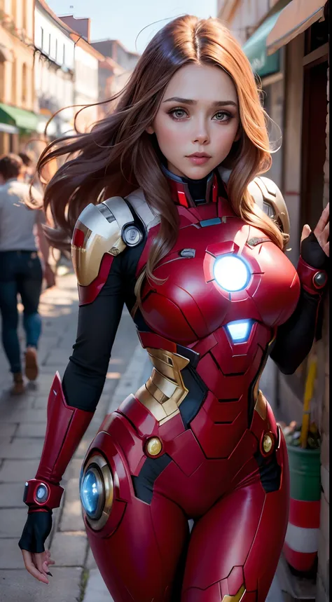 Elizabeth Olsen as Iron Man, bustling street, (inspired by Mass Effect), Iron Man suit, safety rating, breast enlargement, fat buttocks, leather pants wrapped around hips (8k, foto raw, fotorrealista: 1, 25), (muito brilho labial, muitos cílios, melhor qua...