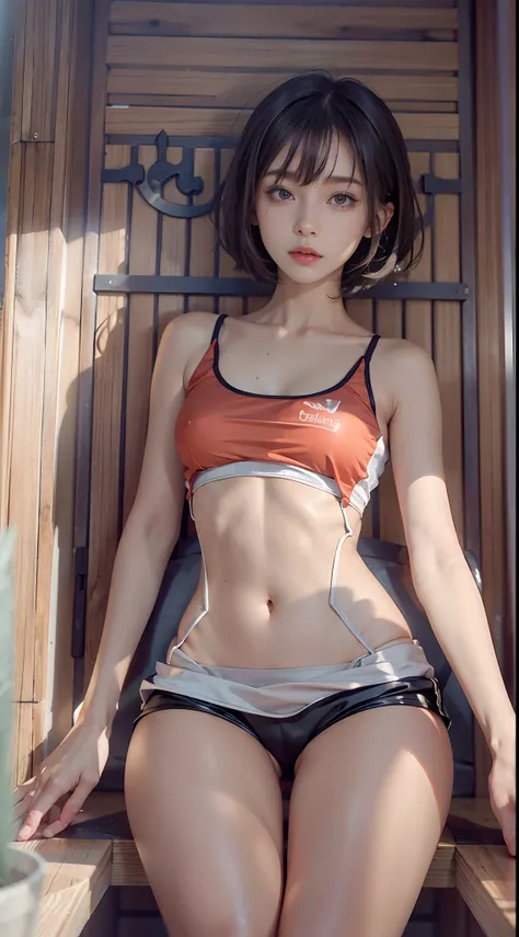 Dim sauna, Sit up, Tank Tops, Satin shorts, bare-legged, Wearing sweat, (NSFW), 1womanl, 独奏, 24 year old, 7headed body, (cute  face), (Ideal ratio body proportions), (Composition from head to thigh), erectile nipple, Sexy body, Wet, short-hair, Dark hair, ...