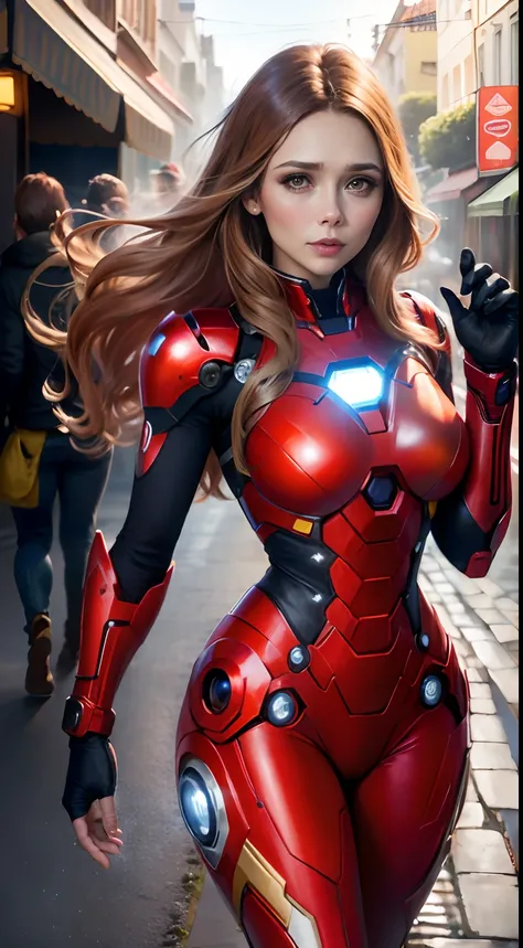 Elizabeth Olsen as Iron Man, bustling street, (inspired by Mass Effect), Iron Man suit, safety rating, breast enlargement, fat buttocks, leather pants wrapped around hips (8k, foto raw, fotorrealista: 1, 25), (muito brilho labial, muitos cílios, melhor qua...