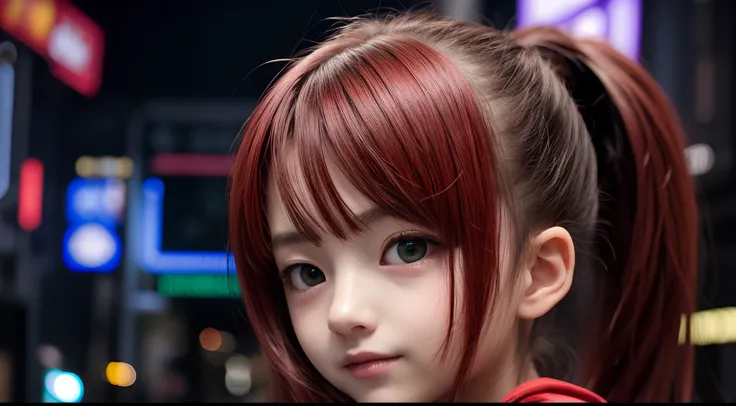 anime girl, red hair, ponytail, green eyes, smug face, red jacket, black shirt, rounded chin, cyberpunk background, loli, lolicon, young, petite, cute