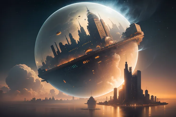 (1 Clear_Domed city floating in space), Dieselpunk:1.5, industrial:1.5, James Blish, "Cities_in_Flight", Spindizzy, Rust Belt, retro_sci-fi:1.5, venting factory smoke into space, in orbit over an alien world