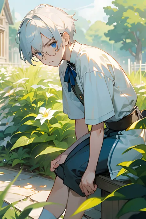 1 boy, glasses, short hair, silver white hair, blue eyes, garden background, warm tone, warm light, healing line, (best quality, masterpiece, 8K), royal puffy shirt, shorts, sad, angry, anime style, avatar, -v6