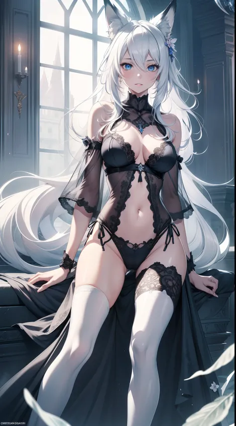 in a castle, full bodyesbian, masterpiece, Best quality at best, official art, Very detailed CG 8k wallpaper, (flying petal)(Detailed ice), Crystal texture of the skin, Grim expression, (fox ear), white hair, long white hair, messy  hair, eBlue eyes, Mediu...