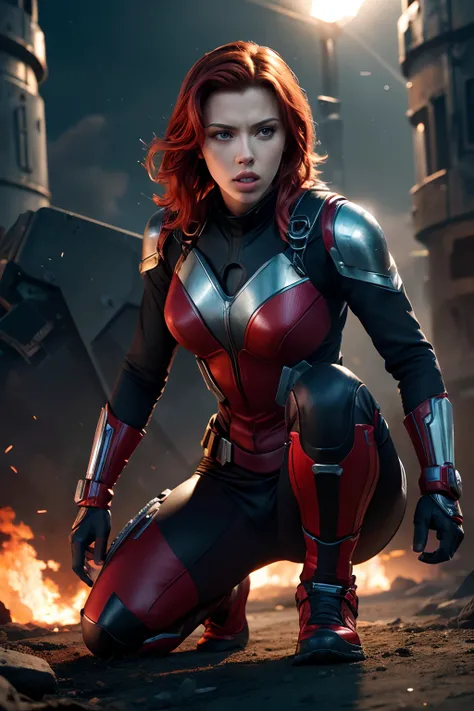 Scarlet Johansson como Homem de Ferro futurista, squat in attack position, com um olhar imponente. A cena se passa no escuro, with explosions lighting up the surroundings. There are also some characters present, with alien creatures appearing in the backgr...