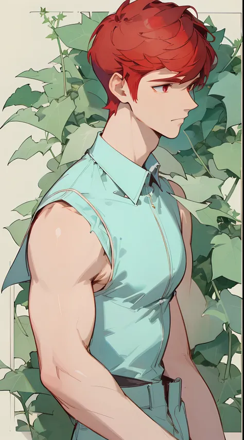 (masterpiece, best quality) detailed, 1Character , blue archive art style ,  pastel washed out colors , cell shade , soft, muted shades ,gentle colors ,
Close up head shot , facing forward, sleeveless short , mugler clothing , high fashion, Handsome man , ...