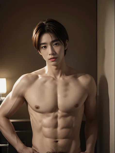 crie uma imagem super realista de um homem sul coreano, inspirado em Lee know. Ele esta frente ao espelho, damp light brown hair, a few wires on the forehead and the background is a beautiful bathroom, moderno e apagado. Ele esta sem camisa, corpo normal. ...