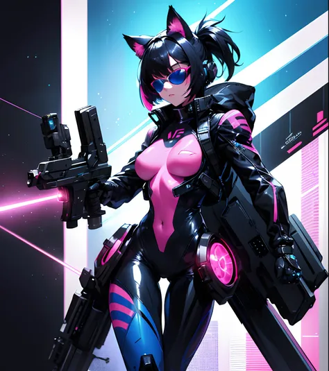 An android carrying a high tech laser rifle on her back and using a futuristic full body suit. She has two cat ears and sunglasses, and shes wearing a leather jacket. Her full body suit is skintight, and its colored blue with pink stripes