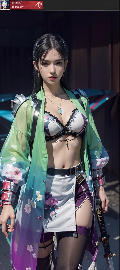 a close up of a person in a costume with a sword, as a character in tekken, female character, tifa lockhart with white hair, katana zero video game character, lunar themed attire, kda, slim body, cyborg - girl with silver hair, upper body avatar, (( medium...