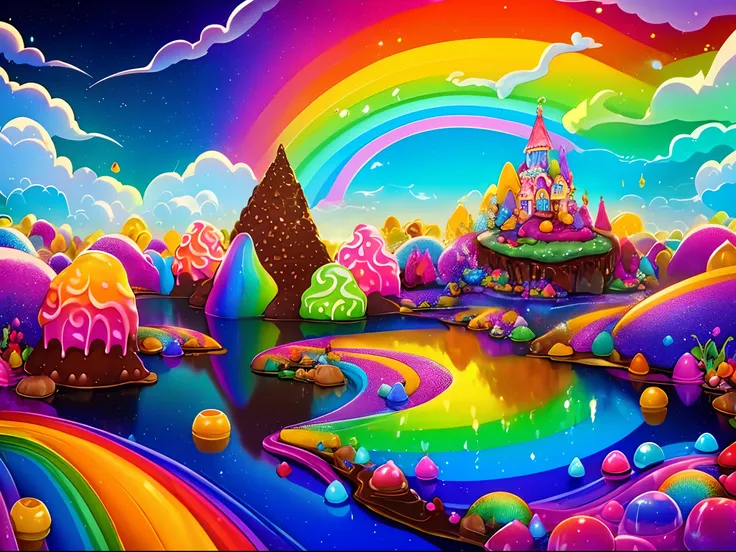 (tmasterpiece, Best quality:1.3), hyper-high detail, fantasy, 8K, candyland, Dynamic,SENSE OF CINEMA, Ultra detail, Full background, dream magical, illustration, water dripping, glittery, (Odd cookies:1.3), (Ocean), , syrup, glitters, scenery, ((No Man)), ...