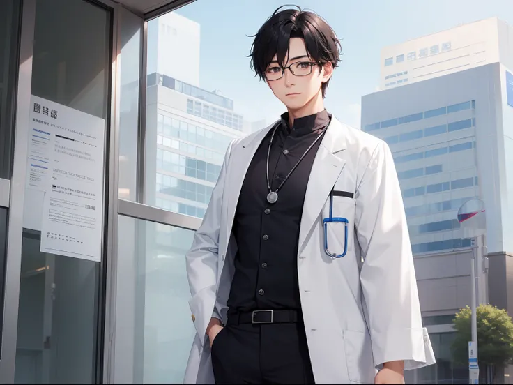 Male Doctor。age 30s。eye glass。short-haired。tall。Manteau blanc。