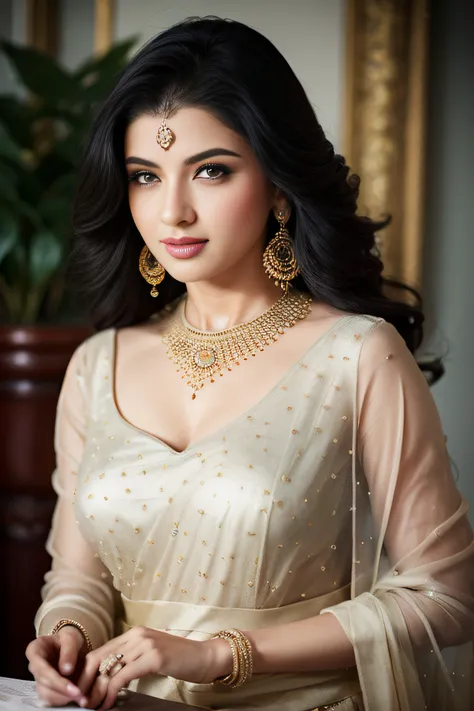 Big smile on face, facing in camera, portrait of A confident-looking indian woman princess with long flowing hair, hazel eyes, wearing designer jewellery, visible c-cup breast sitting on royal garden, palace background, bokeh perfect composition, hyperreal...