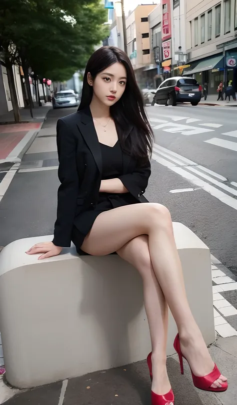 A Japanese Lady、beauitful face、二重まぶた、Big eyes、Long Black Hair、Black Suit、Micro shorts、beauty legs、Raw feet、pin heels、tall、model poses、cross ones legs