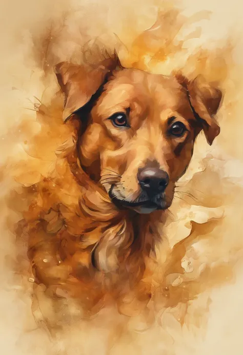 Create a realistic image of a caramel dog with a very short coat where its playful gaze is fixed on the front. The background is abstract with different shades of brown. As manchas marrons no fundo misturam-se suavemente com tons de amarelo.