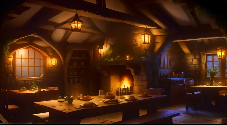 a close up of a table with a lot of food on it, a multidimensional cozy tavern, dimly-lit cozy tavern, dimly lit cozy tavern, in fantasy tavern near fireplace, medieval tavern, fantasy tavern background, cosy enchanted scene, in his hobbit home, tavern bac...