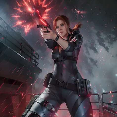 Hot terrified Sci fi Amy Adams with slick hair with pony tail holding a sci fi pistol on Ishimura Horror Space Ship photography, natural light, photorealism, cinematic rendering, ray tracing, the highest quality, the highest detail, Cinematic, Third-Person...