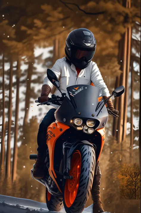 a scrambler triump motorcycle between a spruice tree in a winter landscape, tshirt design, rzminjourney, vector-art, a biker stand beside motorcycle with motor suit,