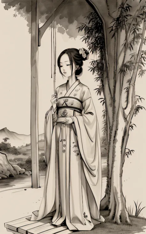 shukezouma, negative space, , shuimobysim , portrait of a woman standing , willow branches, (masterpiece, best quality:1.2), traditional chinese ink painting, (traditional Chinese painting), monochrome, modelshoot style, peaceful, (smile), looking at viewe...