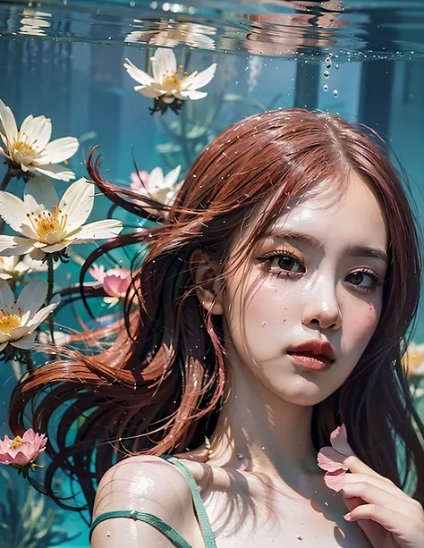 Theres a woman standing in the water with flowers, inspirado em Yanjun Cheng, bela arte digital, Yanjun Chengt, Retrato Jisoo Blackpink, arte shin jinyoung, Jinyoung Canela, Retrato de Jossi de Blackpink, arte oficial, Artista coreano, Directed by: Jin Non...