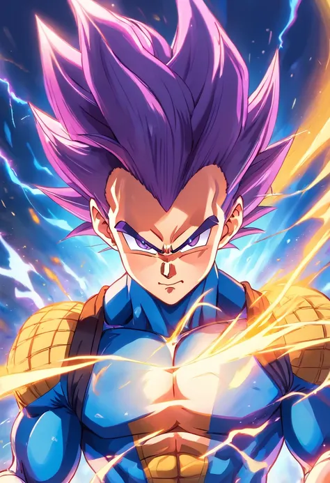 a detailed illustration of Vegeta, personagem de Dragon Ball, treinando intensamente em uma academia, purple hair, purple aura, showing your defined muscles and determined expression.