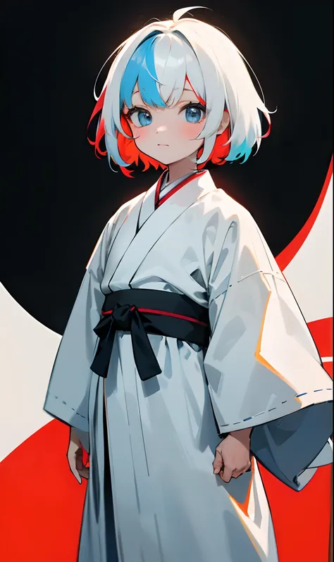 8-year-old child with a medium body wearing a white haori outfit,His right eye is covered by a white stripe, while her hair is multicolored with a slightly light blue and faint red at the ends