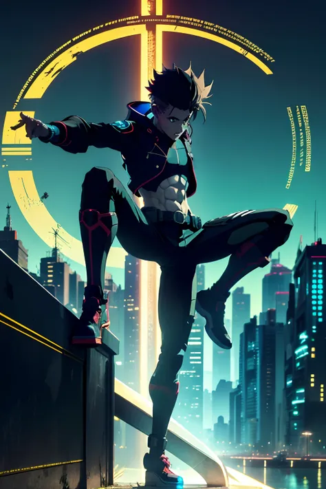 hombre de pie en plataforma en forma de cruz religiosa, azotea, adolescente, ciudad distopica de fondo, torre, Noche, cyberpunk hero, rayo de fondo, sosteniendo una espada azul, Arte del anime, portada de anime HD