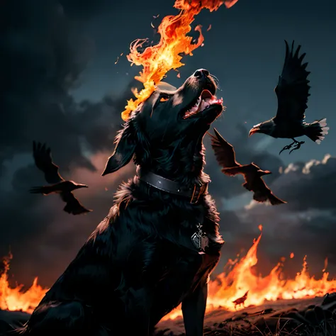 (best quality, 8k, highres, masterpiece:1.2), dramatic sky, blue lightning, realistic, (detailed), dense flock of crows, eight crows, red glowing eyes, crows flying in the air, flaming dog, black dog, crows attacking the black dog, the flames on the black ...