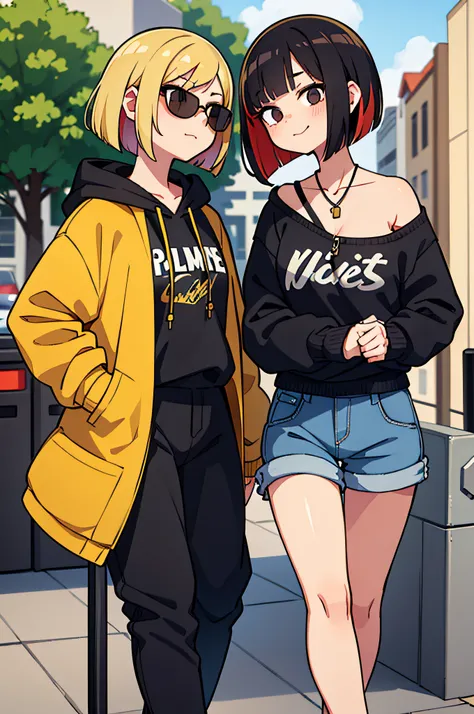 masterpiece,best quality,twins,duo,,sisters,bob cut,multicolored hair,blonde hair,black hair,shades,smug,casual clothes,hoodie,yuri