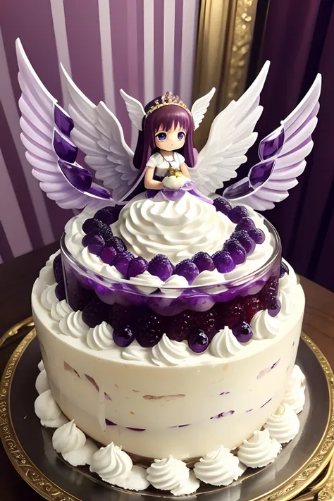 {{{{{masutepiece,Best Quality,ultra-detailliert}}}}},Parfait with grapes in whipped cream, There is a large piece of amethyst-colored jelly,Cute angel wings sitting on jelly,