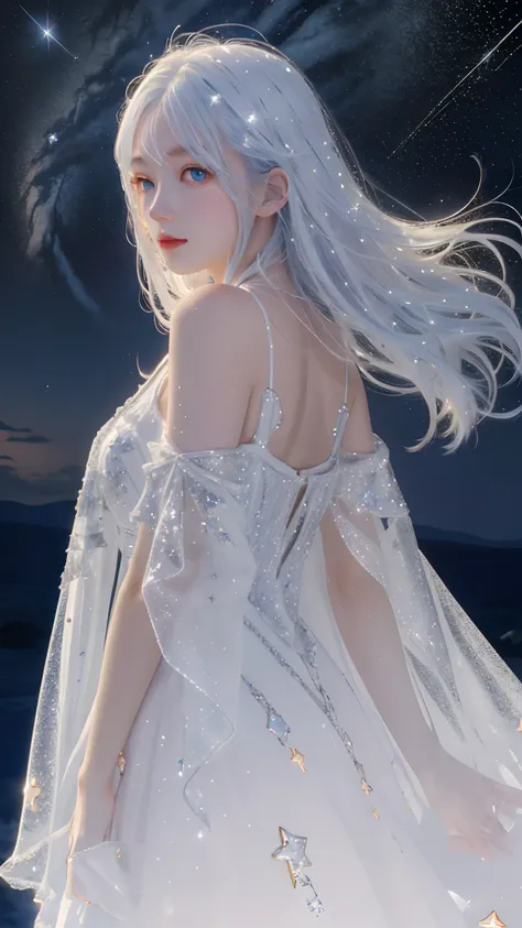 Masterpiece, Best quality,A high resolution, 1girll, Long_White_Hair, Stars in Eyes, See_Through, (((shimmering dazzling lighting))), (luminous), detailed shadow, meteors, stars, milky ways, Starcloud, Star in white dress, Messy floating hair, Colored inne...