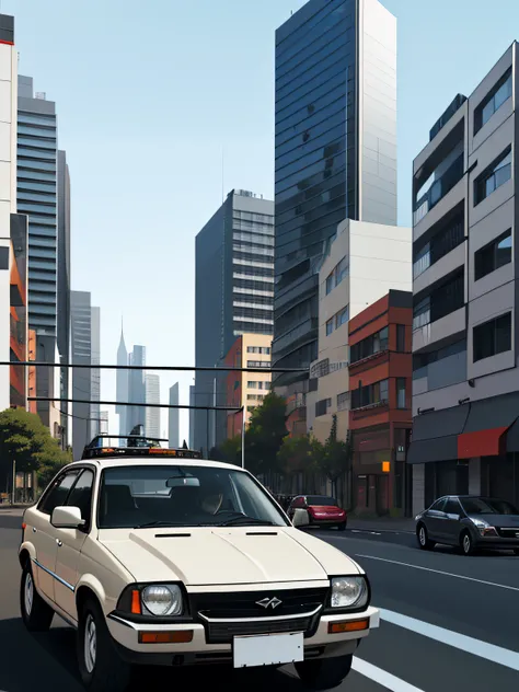 A car driving through the city，High-rise buildings line the sides of the car