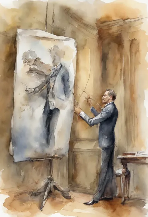 sketch, a man in suit is controlling a puppet through strings,puppeteer, standing, au natural, pastels, detailed realistic eyes, very handsome, beautiful