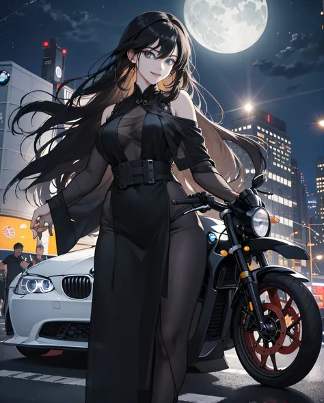 Masterpiece, Best quality, 8K, high detal, Ultra-detailed,quadratic element，A young girl（23years old）Wears a black silk garment，Long hair shawl，Very charming。Her facial features are beautiful，with fair skin，Smiling and driving a luxury BMW。

The scene is o...