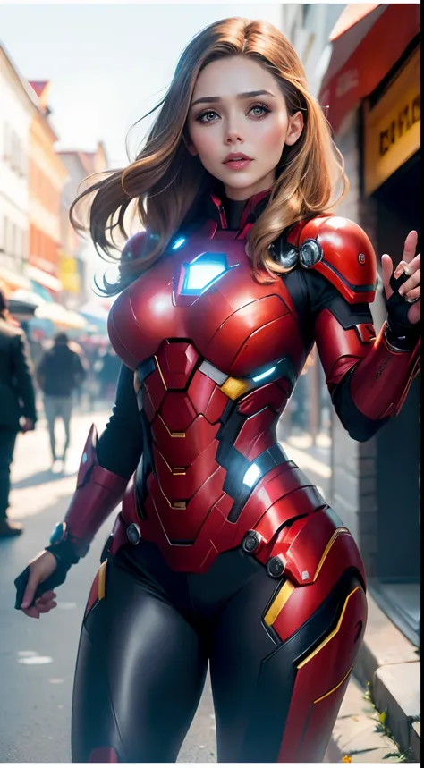 Elizabeth Olsen as Iron Man, bustling street, (inspired by Mass Effect), Iron Man suit, safety rating, breast enlargement, fat buttocks, leather pants wrapped around hips (8k, foto raw, fotorrealista: 1, 25), (muito brilho labial, muitos cílios, melhor qua...